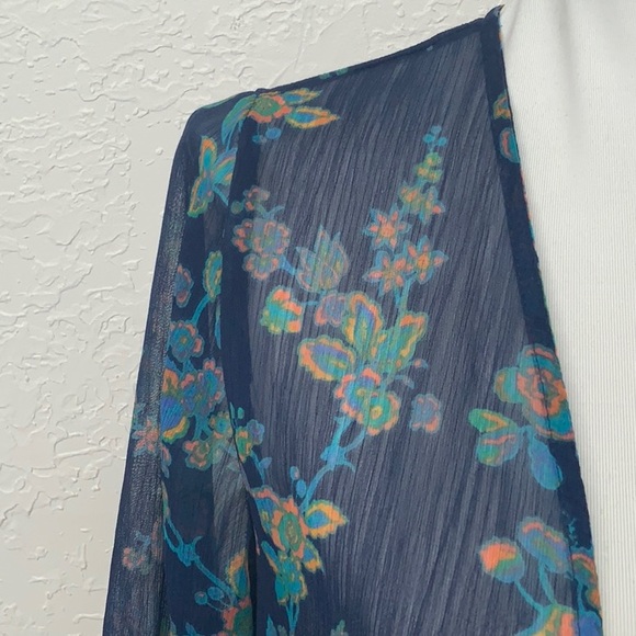Sheer Navy Blue Floral Kimono Duster Bell Ruffle Sleeve Boho Cover Up - Picture 4 of 5